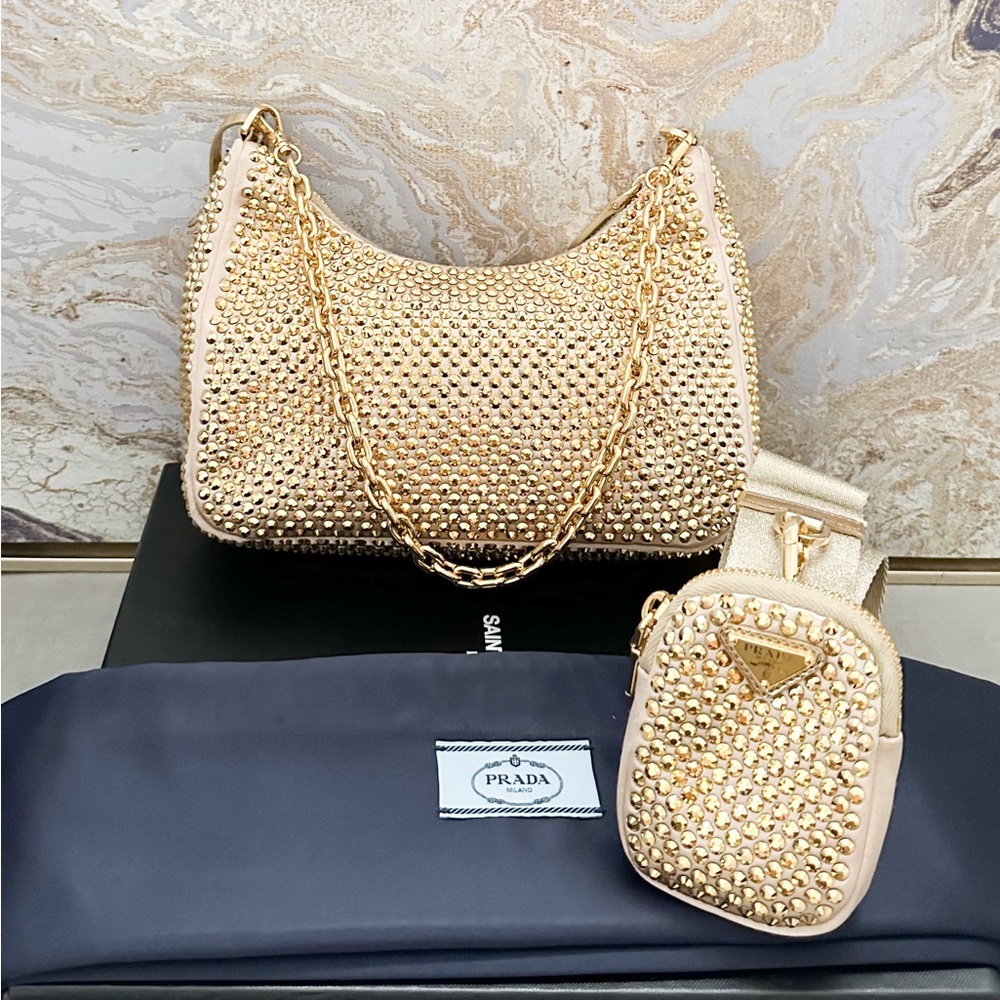 In Stores! Prada Crystal Embellished Metallic Re-Edition 2005 Gold Shoulder Bag - Picture 2 of 16